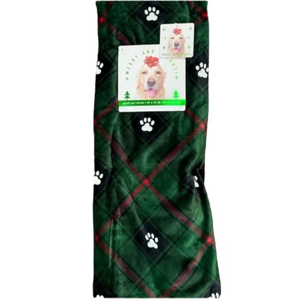 Merry & Bright - ‘Paw Print - green’ plush throw. 50” x 70”. NWT.